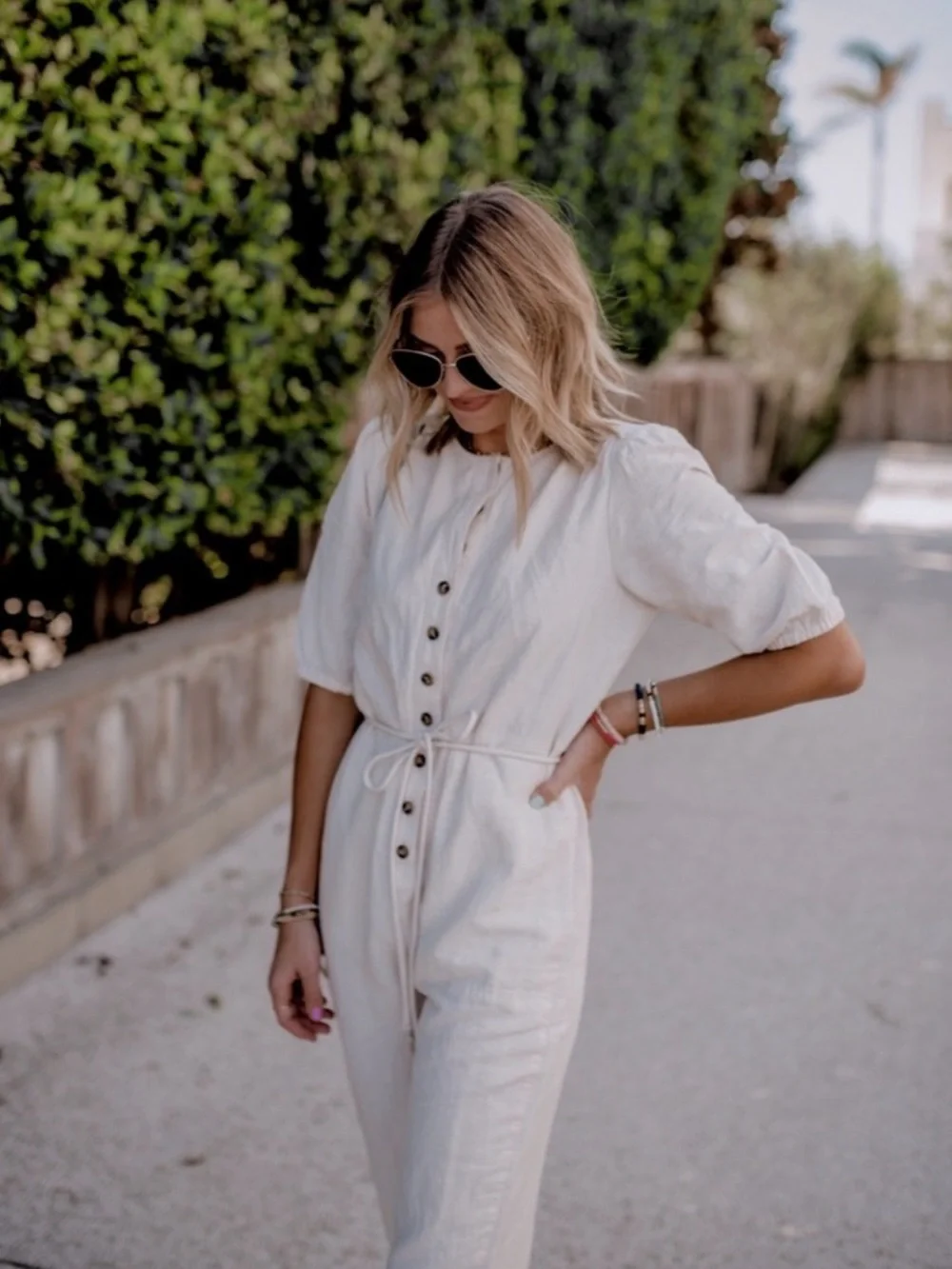 Madewell Women's Linen Blend Jumpsuit Puff-Sleeve Tassel-Tie Ivory Sz Medium NWT - Picture 4 of 8